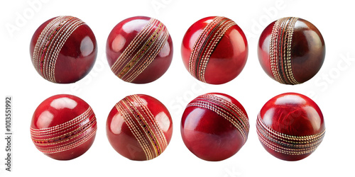 Set of red leather cricket balls with detailed stitching and shiny finish. Isolated on transparent background, ideal for sports and cricket visuals.