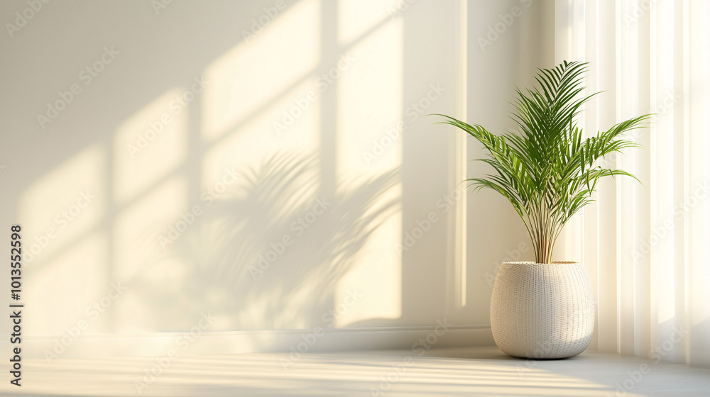 A bright, peaceful space with a lone plant in the corner, soft lighting, and neutral tones to create a calming atmosphere A bright, peaceful space with a lone plant in the corner, soft lighting, and neutral tones to create a calming atmosphere