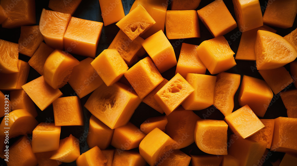 Butternut squash cubes background. Top down view Butternut squash cubes background. Top down view