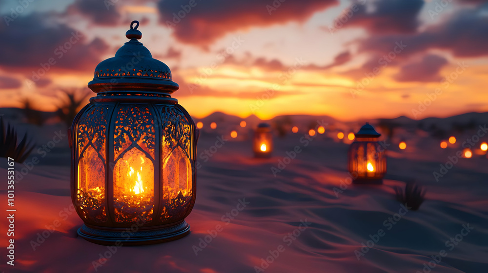 3D Illustration of Ornate Lanterns in Desert at Sunset 3D Illustration of Ornate Lanterns in Desert at Sunset