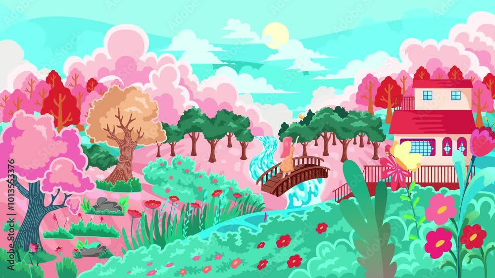 spring season 2D animation illustration of trees, river, cute little ...