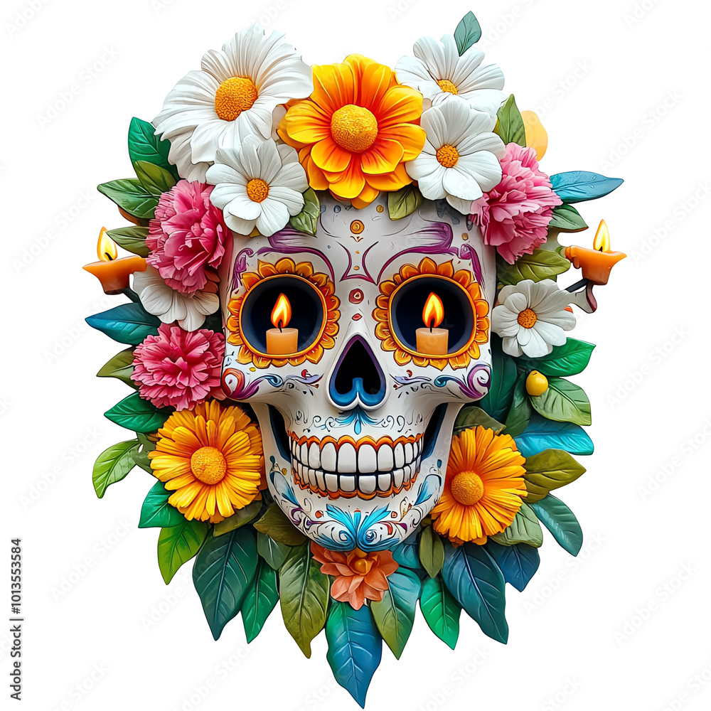 Day of the dead skull with flowers and candles