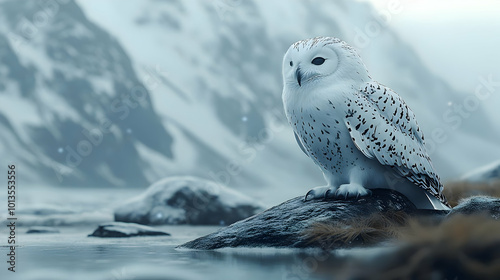 Snowy Owl Perched on Rock Illustration photo