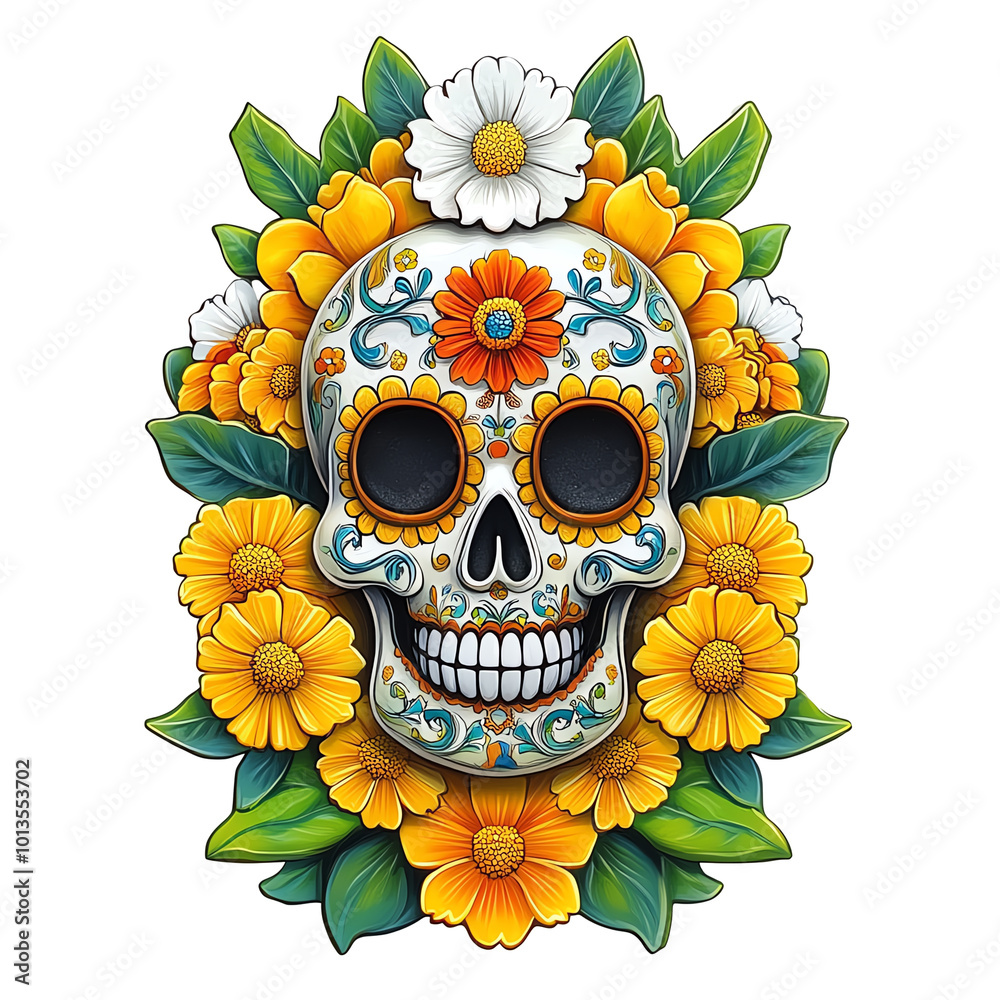 Day of the dead skull surrounded by flowers Day of the dead skull surrounded by flowers