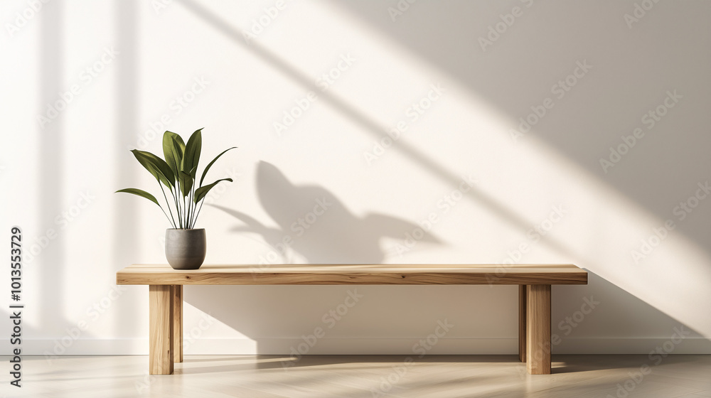 A minimal wooden bench with a single small plant sitting next to it on a polished floor. Bright and airy space with white walls and no other decor