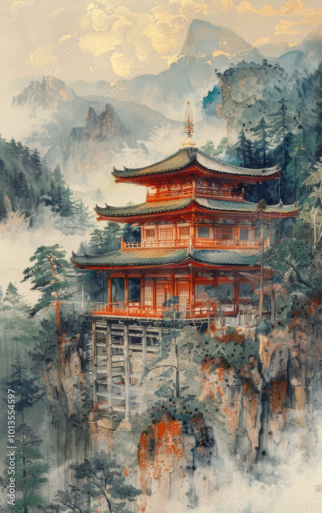 Obraz premium Chinese traditional ancient architecture art illustration