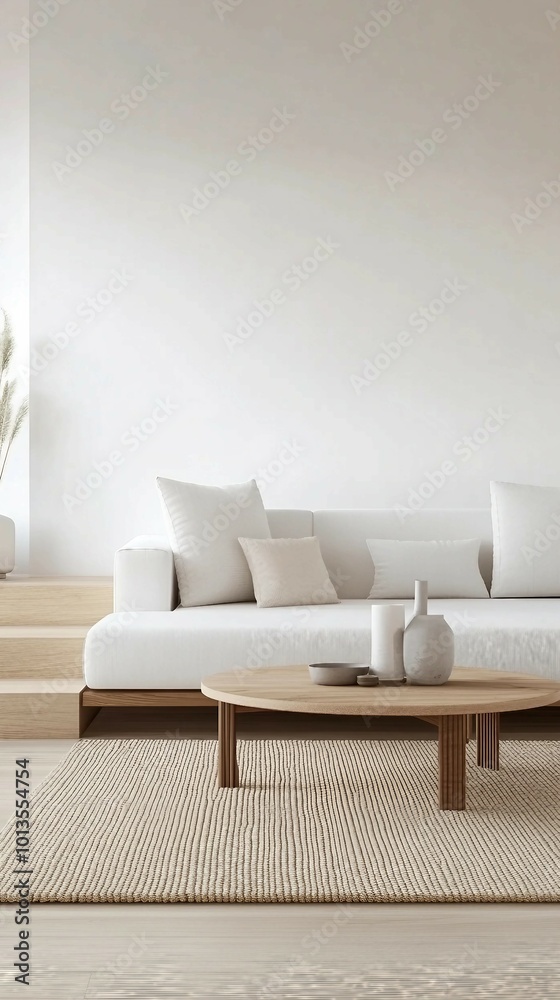 Minimalist Living Room Interior Design with White Sofa and Wooden Coffee Table Minimalist Living Room Interior Design with White Sofa and Wooden Coffee Table