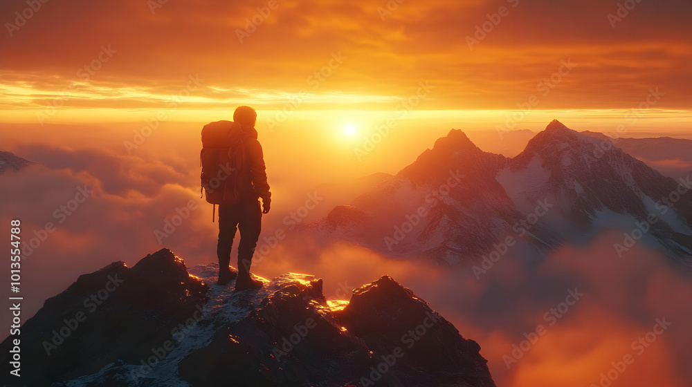 Mountain Peak Sunset with Solo Hiker Illustration Mountain Peak Sunset with Solo Hiker Illustration