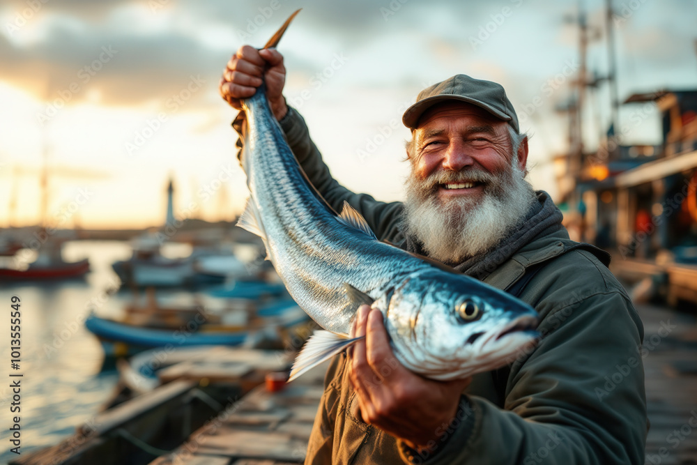 Lifestyle image of a fisherman, with a weathered face, standing smiling on the jetty of a fishing harbour. He is proudly holding a large, freshly caught fish. Lifestyle image of a fisherman, with a weathered face, standing smiling on the jetty of a fishing harbour. He is proudly holding a large, freshly caught fish.