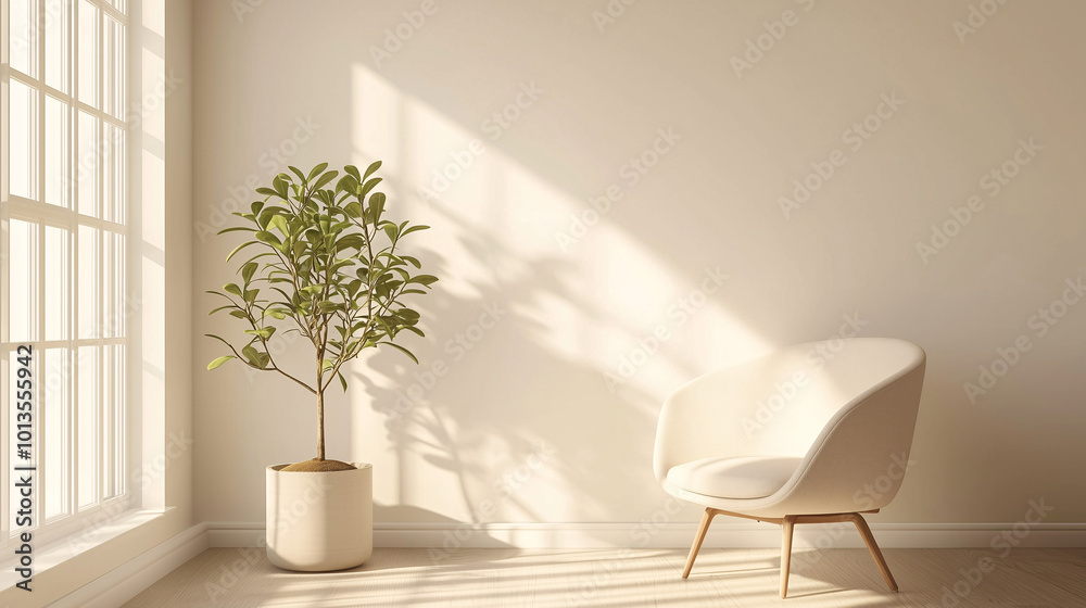Fototapeta premium A modern, neutral-toned room with only a single plant placed in the corner, emphasizing simplicity and natural light