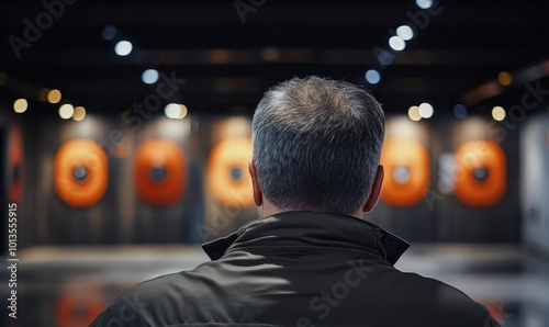 Man in black jacket facing targets.