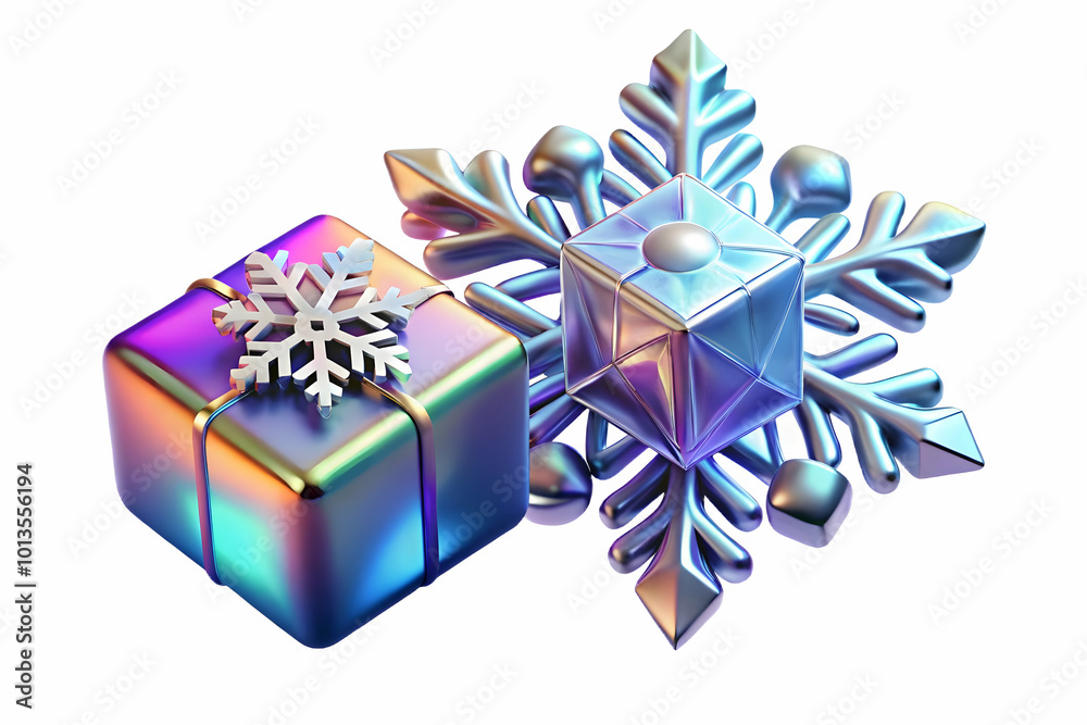 Futuristic Floating Holographic Snowflake and Glowing Gift Box with Ample Copy Space for Winter-Themed Photo Stock Concept on White Background Futuristic Floating Holographic Snowflake and Glowing Gift Box with Ample Copy Space for Winter-Themed Photo Stock Concept on White Background