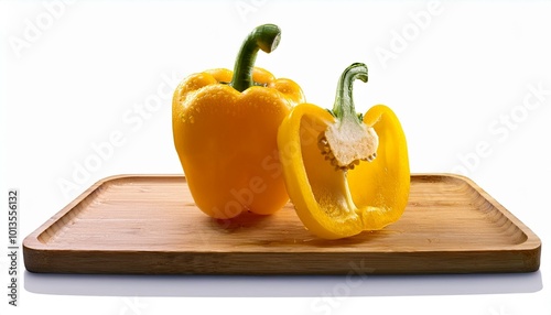 Slice yellow sweet pepper, dews, floating isolated on a white backdrop. organic of vegetable photo