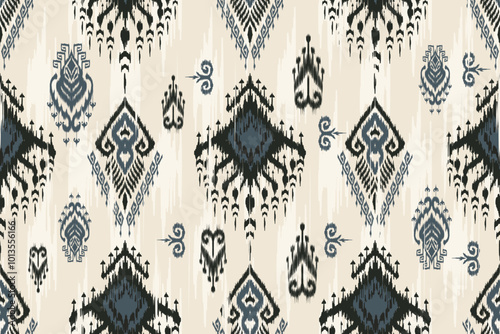 Traditional Ikat Pattern with Black, Grey, and Cream Ethnic Geometric Motifs, Seamless Abstract Textile Design for Fashion Fabrics, Upholstery, Home Decor, Bohemian Art, and Cultural Handicrafts