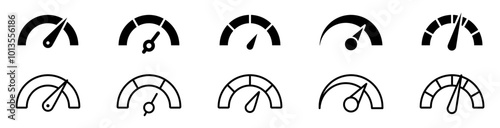 Speedometer icon set. Speed indicator. Gauge, dashboard, tachometer, scale. Speedometer icon with arrow. Editable stroke line icons. Vector illustration.