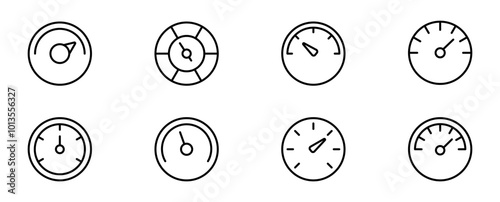 Speedometer icon set. Speed indicator. Gauge, dashboard, tachometer, scale. Speedometer icon with arrow. Editable stroke line icons. Vector illustration.