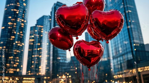 Romantic urban evening with red heart balloons against skyscrapers