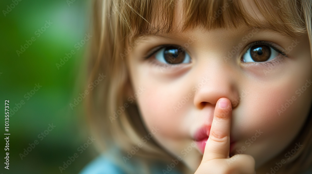 young child with brown hair and expressive eyes holds finger to their lips, suggesting silence. young child with brown hair and expressive eyes holds finger to their lips, suggesting silence.