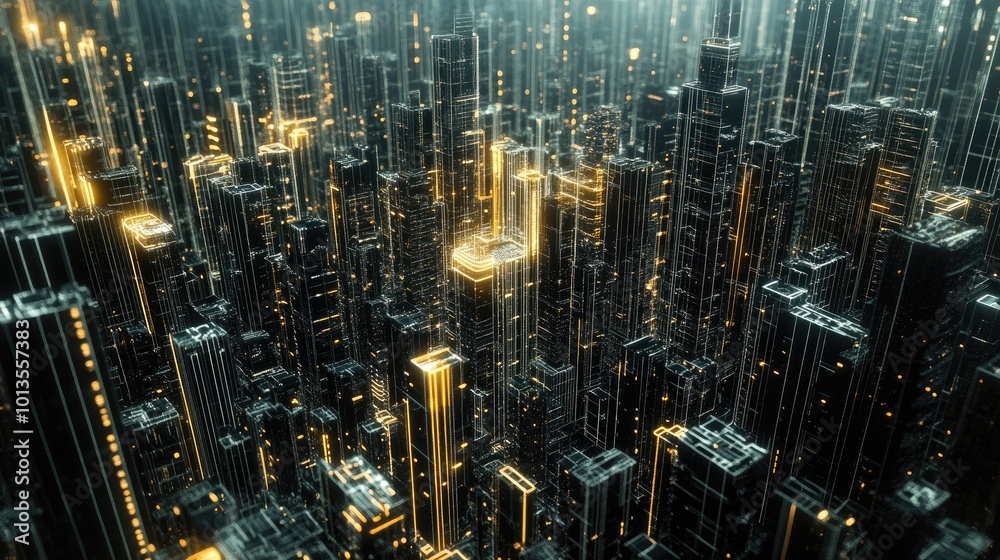 High-resolution image of a 3D-rendered futuristic cityscape made of digital lines and shapes, perfect for a tech-centric design project. High-resolution image of a 3D-rendered futuristic cityscape made of digital lines and shapes, perfect for a tech-centric design project.
