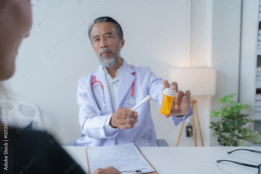 Doctor explains a prescription to a patient in a clinic, showing care and expertise. The patient listens attentively, highlighting personalized healthcare Doctor explains a prescription to a patient in a clinic, showing care and expertise. The patient listens attentively, highlighting personalized healthcare