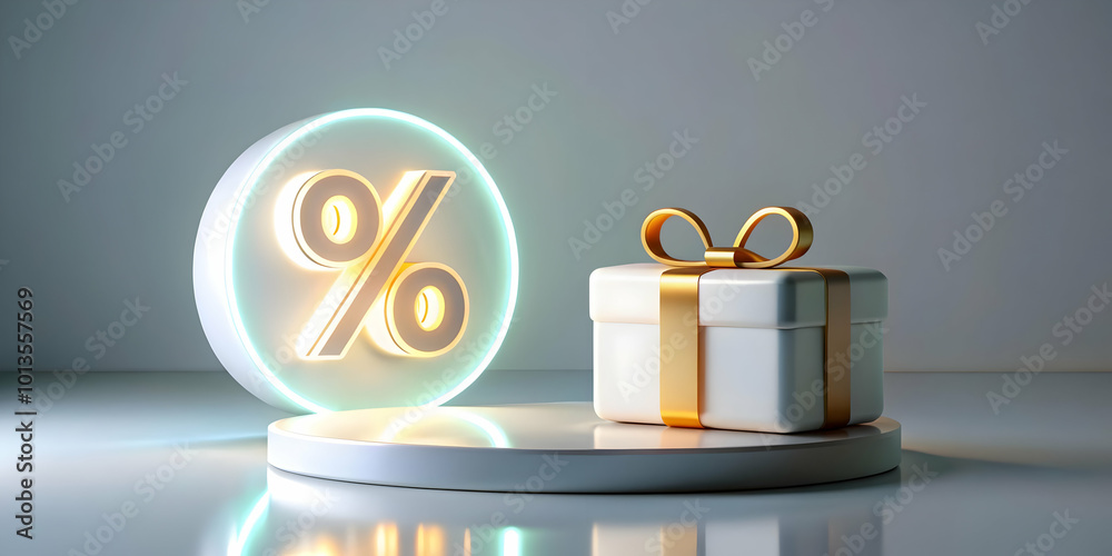 3D Floating Cyber Monday Gift Card and Glowing Percentage Symbol Podium - Perfect for Promoting Holiday Deals on Gift Cards, White Background, Wide Angle Shot 3D Floating Cyber Monday Gift Card and Glowing Percentage Symbol Podium - Perfect for Promoting Holiday Deals on Gift Cards, White Background, Wide Angle Shot