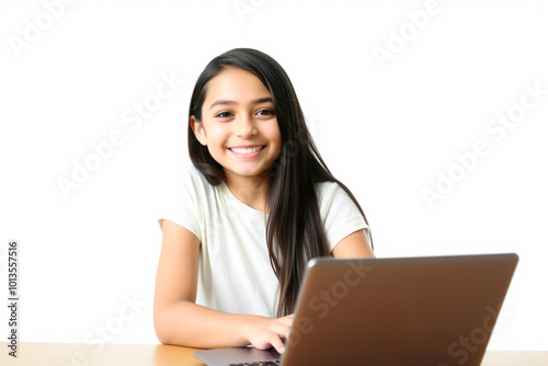 Smiling Girl Using a Laptop.generative AI