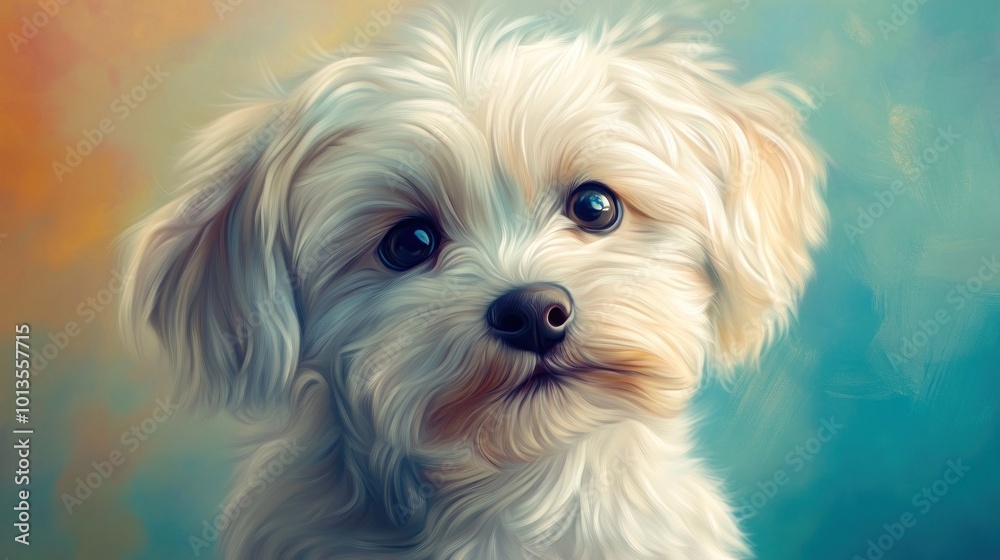 A digital painting of an adorable white fluffy dog with big expressive eyes against a soft, blue and orange colored background. A digital painting of an adorable white fluffy dog with big expressive eyes against a soft, blue and orange colored background.