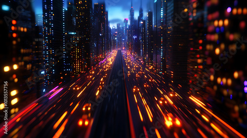 Dynamic cityscape at night with vibrant lights and moving traffic.