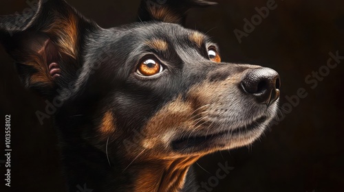 Close-up portrait of a black and tan dog with attentive eyes and ears perked up, against a dark background, showcasing detailed fur texture.