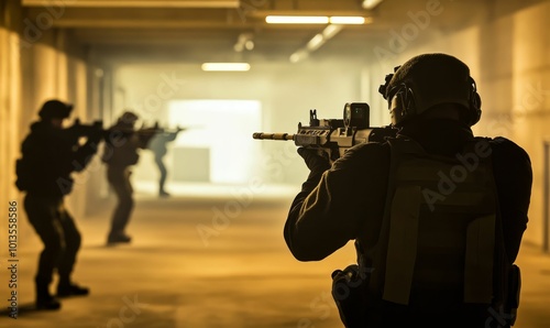 Silhouettes of soldiers holding guns in a hallway.