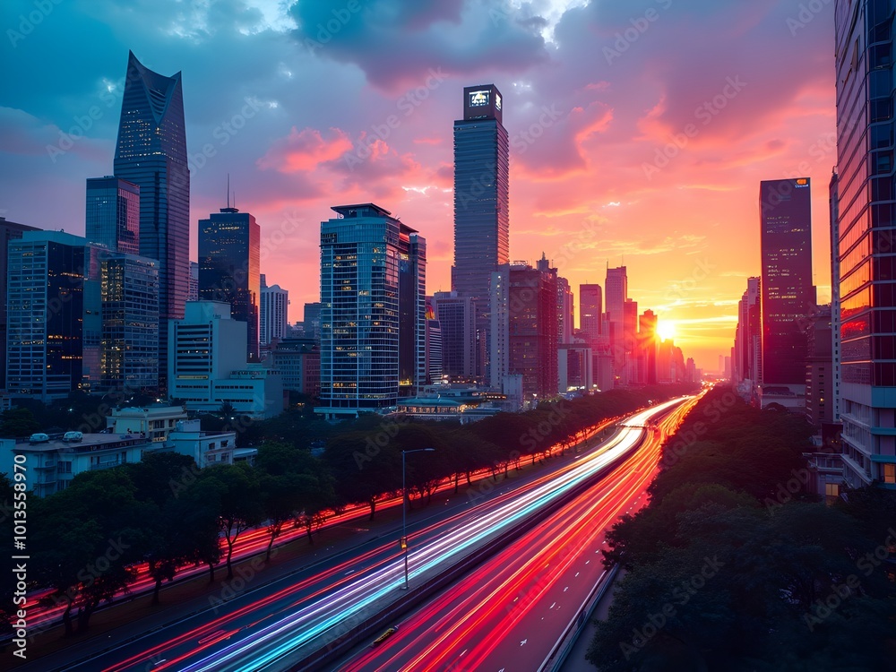 Fototapeta premium Vibrant Cityscape at Sunset with Light Trails