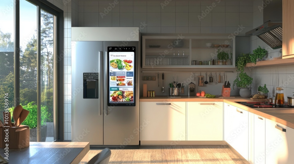 A smart refrigerator in a modern kitchen, with a touchscreen display showing recipes, calendar, and grocery list. A smart refrigerator in a modern kitchen, with a touchscreen display showing recipes, calendar, and grocery list.