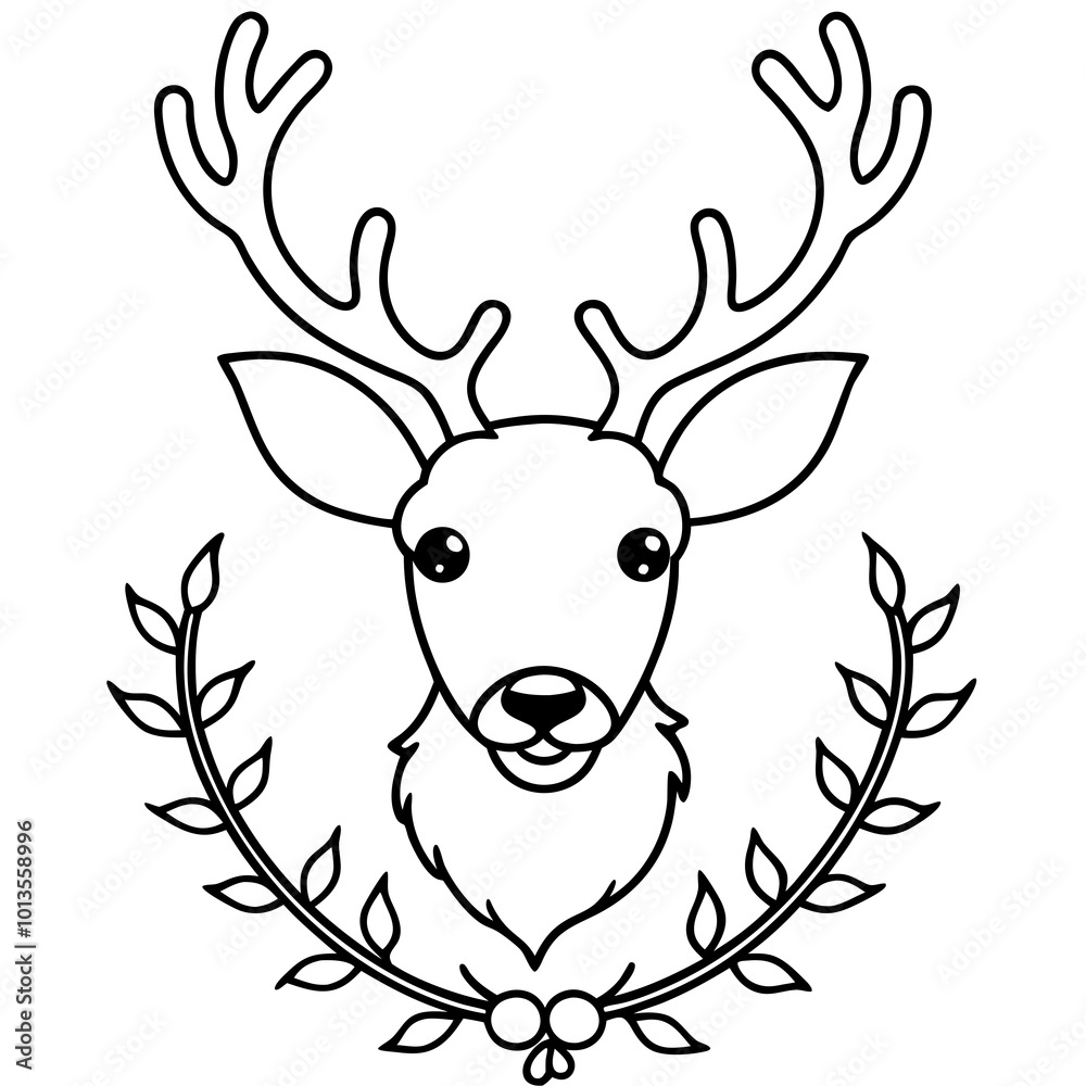 A reindeer head with a wreath around its neck A reindeer head with a wreath around its neck