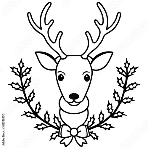 A reindeer head with a wreath around its neck