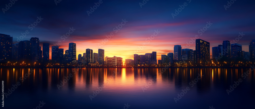Obraz premium City skyline at sunset with colorful reflections on water, serene evening atmosphere.