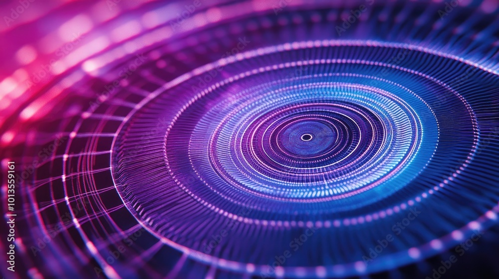 Fototapeta premium A vibrant geometric lines pattern with circular and radial lines intersecting to form intricate, symmetrical designs in shades of purple and blue.