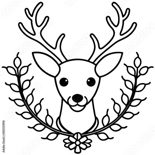A reindeer head with a wreath around its neck