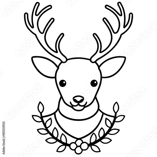 A reindeer head with a wreath around its neck