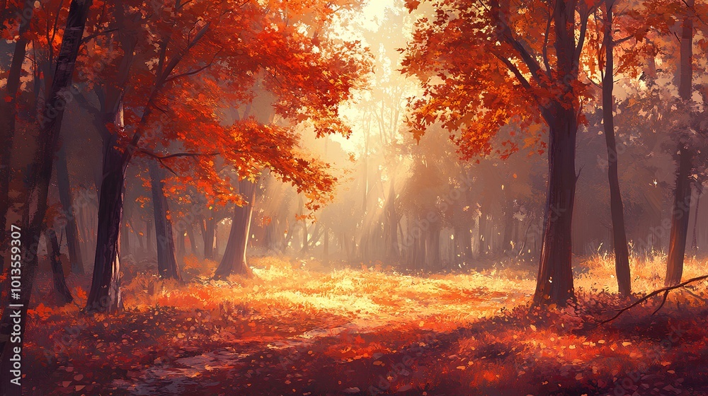 Fototapeta premium A serene forest scene illuminated by golden sunlight filtering through vibrant autumn leaves.