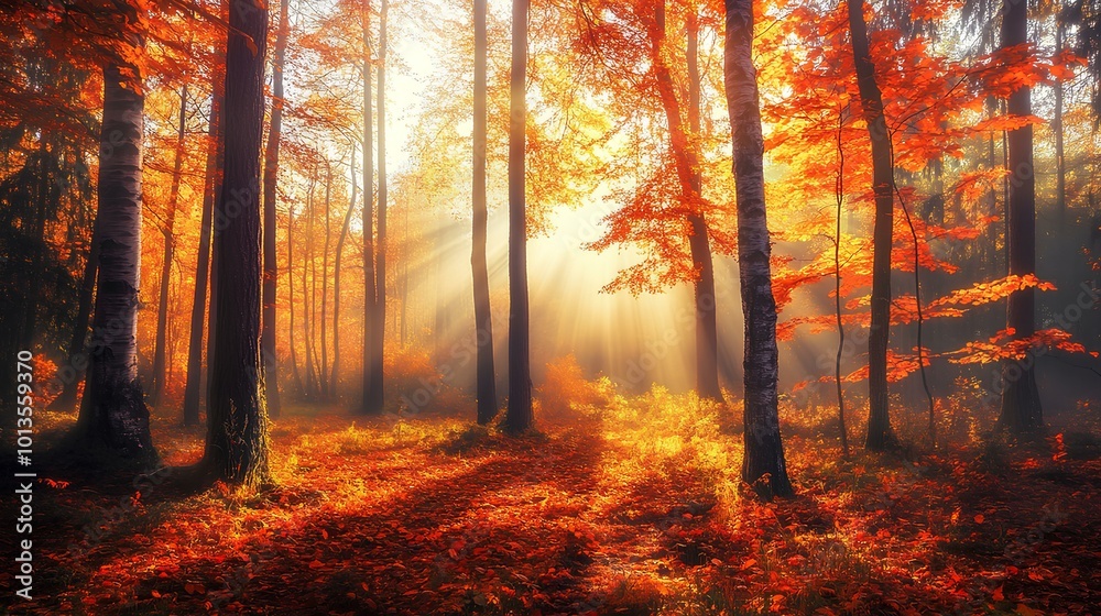 A vibrant autumn forest filled with golden and red leaves, illuminated by soft sunlight filtering through tall trees.