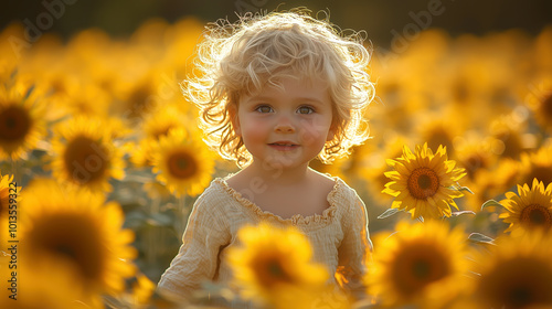Child Running Joyfully Through Sunflower Field on a Bright, Sunny Day. Non-existent person.