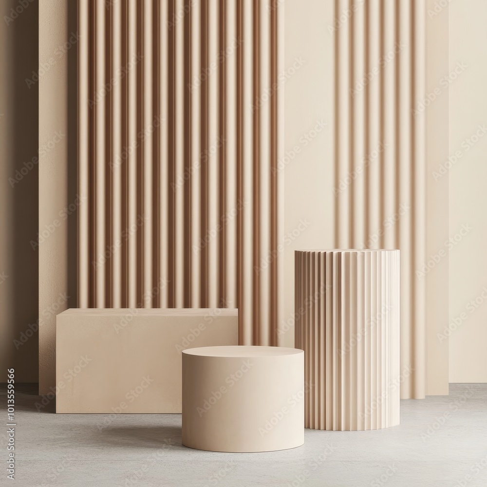 3d rendering of beige geometric podiums in room with beige wallpaper 3d rendering of beige geometric podiums in room with beige wallpaper