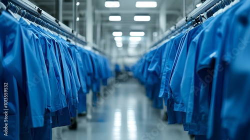 A row of blue garments hanging in a well-lit industrial environment, showcasing organized clothing in a clothing or laundry facility.
