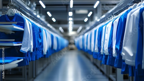 A view of neatly arranged blue and white shirts hanging on racks in a brightly lit clothing store or warehouse. photo