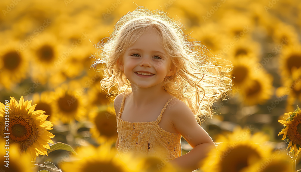 Child Running Joyfully Through Sunflower Field on a Bright, Sunny Day. Non-existent person. Child Running Joyfully Through Sunflower Field on a Bright, Sunny Day. Non-existent person.