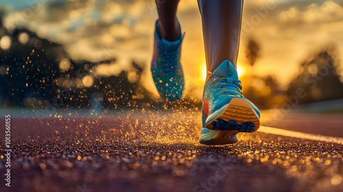 A close-up of a runner's feet splashing through water on a track at sunset, capturing the energy and motion of the moment.