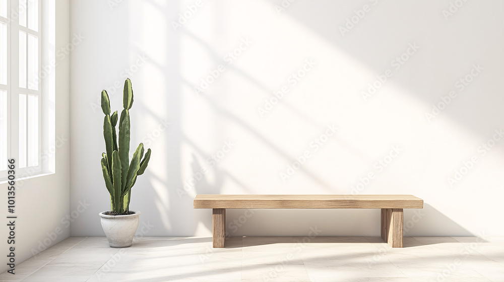 A single wooden bench and a potted cactus placed on the floor beside it. The scene is flooded with soft natural light in a spacious, white-walled room A single wooden bench and a potted cactus placed on the floor beside it. The scene is flooded with soft natural light in a spacious, white-walled room