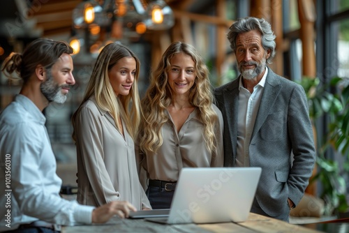 A group of  peopleare standing and smiling at each other as they gather around an open space office table with laptops on it. photo