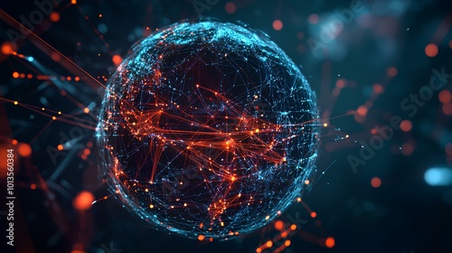 A futuristic digital representation of a globe, showcasing networks of lights and connections against a dark backdrop.