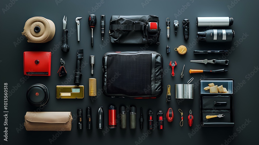 A neatly arranged flat lay of various tools and gadgets on a dark surface, showcasing an organized collection with a versatile aesthetic. A neatly arranged flat lay of various tools and gadgets on a dark surface, showcasing an organized collection with a versatile aesthetic.